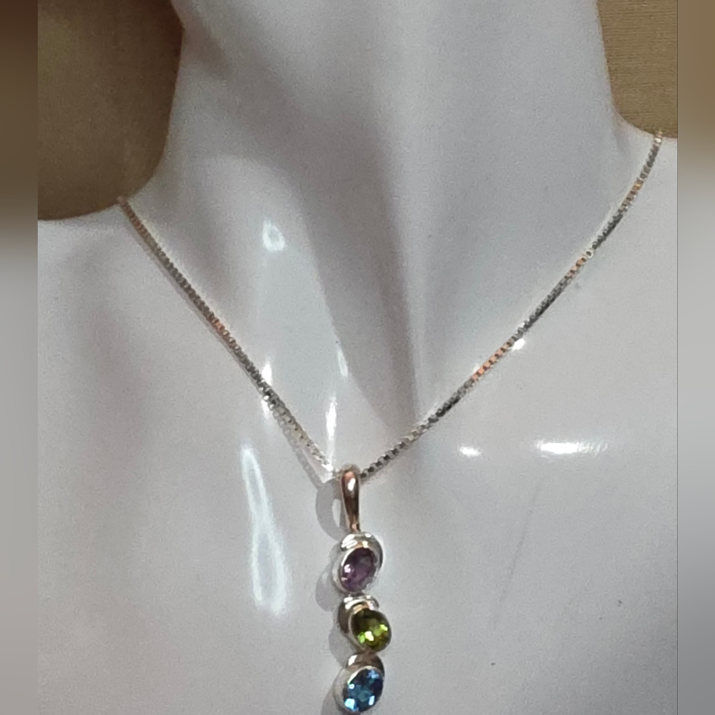 Blue Topaz Amethyst And Peridot 925 Sterling Pendant W/ 24 In Sterling Box Chain